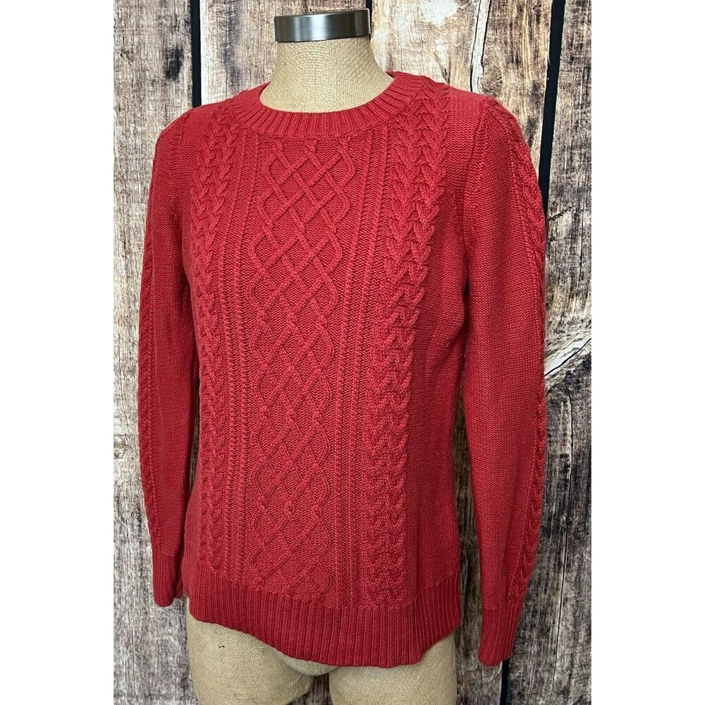 L.L. Bean Signature 100% Cotton Crewneck Sweater cable knit Fishermans M Red